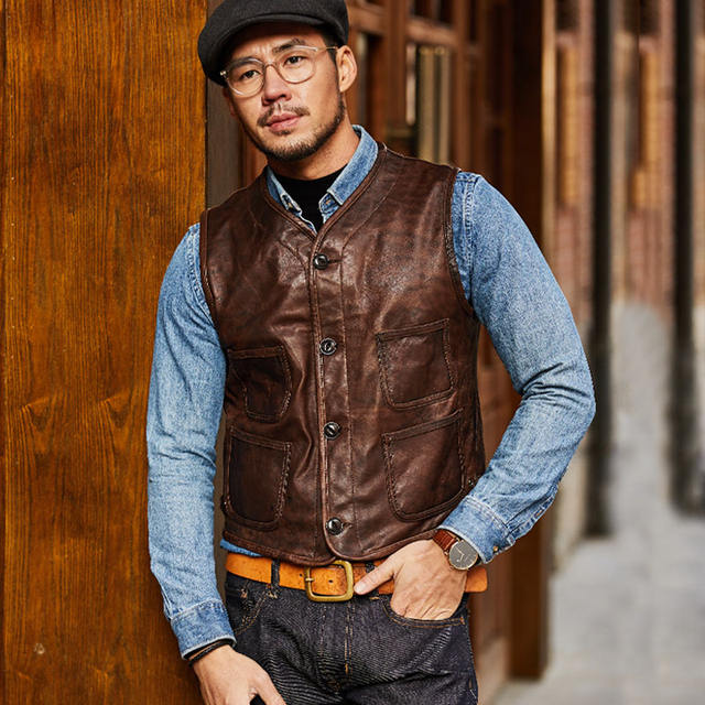 2022 Vintage Brown Men Slim Fit Casual Leather Vest Single Breasted Genuine Thin Sheepskin Spring Natural Coat