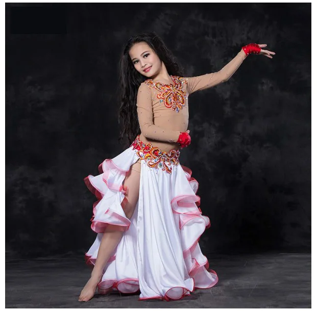 Одежда для девочек для восточных танцев живота, костюм из 2 предметов, топ, юбка, детский костюм для танца живота - Цвет: Белый