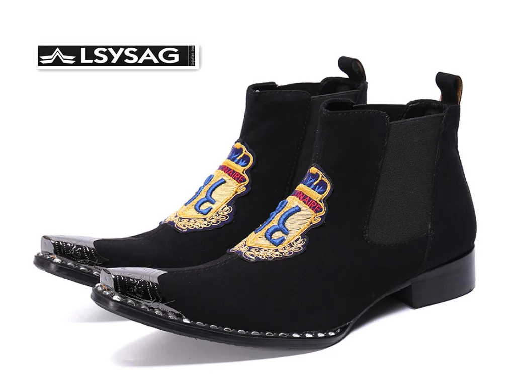 

British Suede Leather Men Luxury Chelsea Boots Embroidery Square Toe Men Ankle Boots Winter Fashion Short Boots Slip On