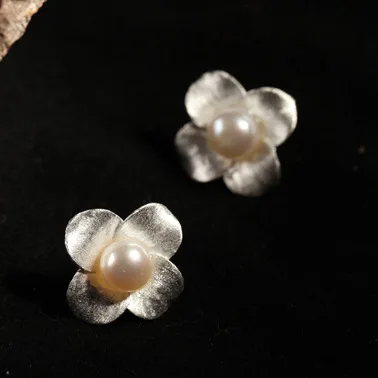 REETI Ohrstecker aus 925er Sterlingsilber mit Blumenperlen für Damen, eleganter Hochzeitsschmuck, Pendientes Mujer Moda 2019, Brincos