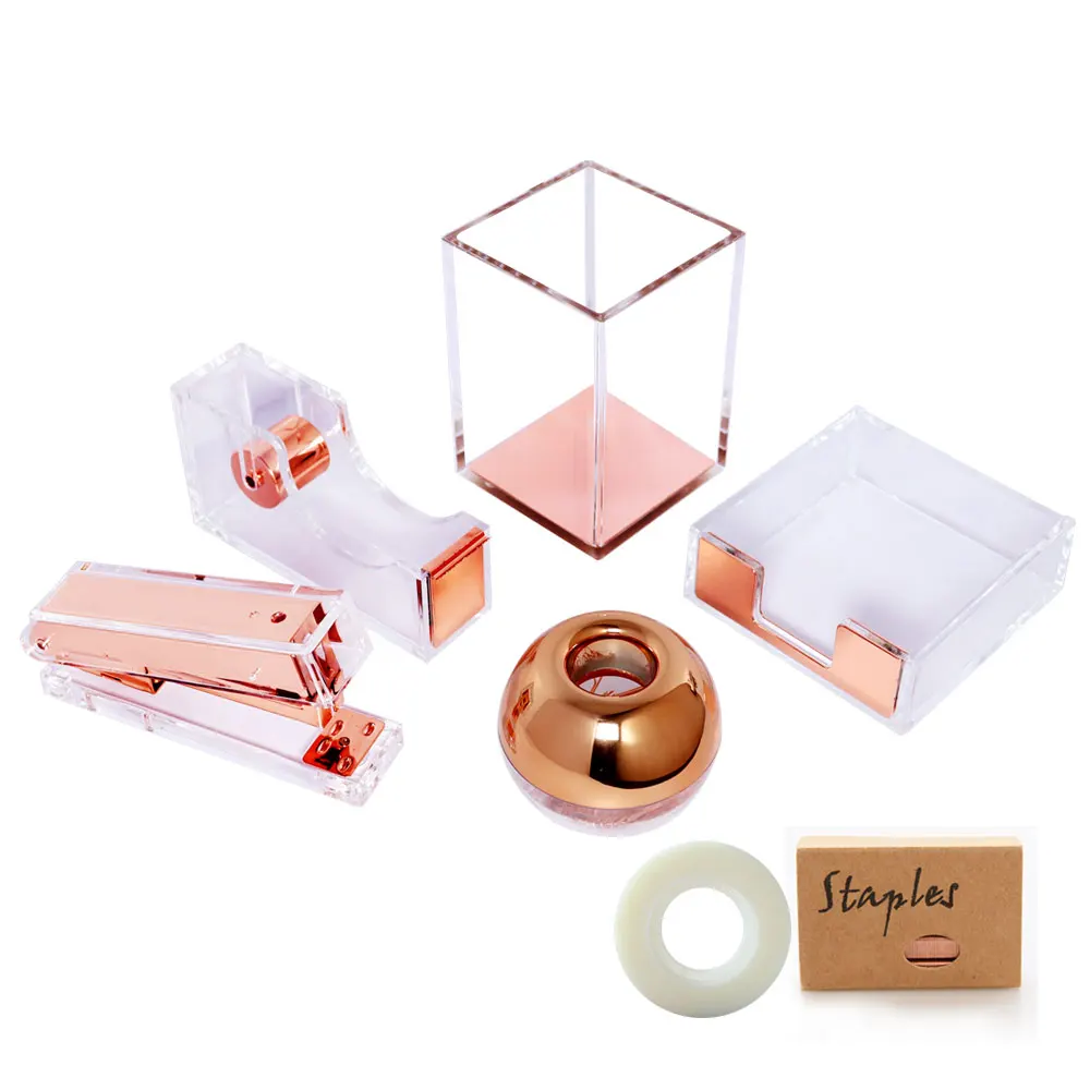 

Desktop Acrylic Office Supplies Set Stationery Adhesive Tape Dispenser Stapler Sticky Notes Tray Pen Cup Make-Up Brushes Holder