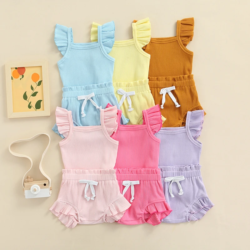 Baby Clothing Set comfotable Newborn Infant Baby Girl Two-Piece Solid Outfits, Solid Color Flying Sleeve Romper + Elastic Drawstring Short Pants sun baby clothing set