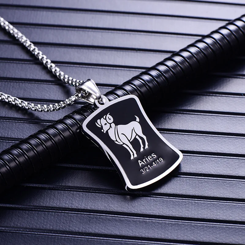 G silver Знак зодиака 12 Кулон Созвездие мужское ожерелье из нержавеющей стали Мужские аксессуары Золотое простое серебряное ожерелье цепочка квадратная карта - Окраска металла: G silver
