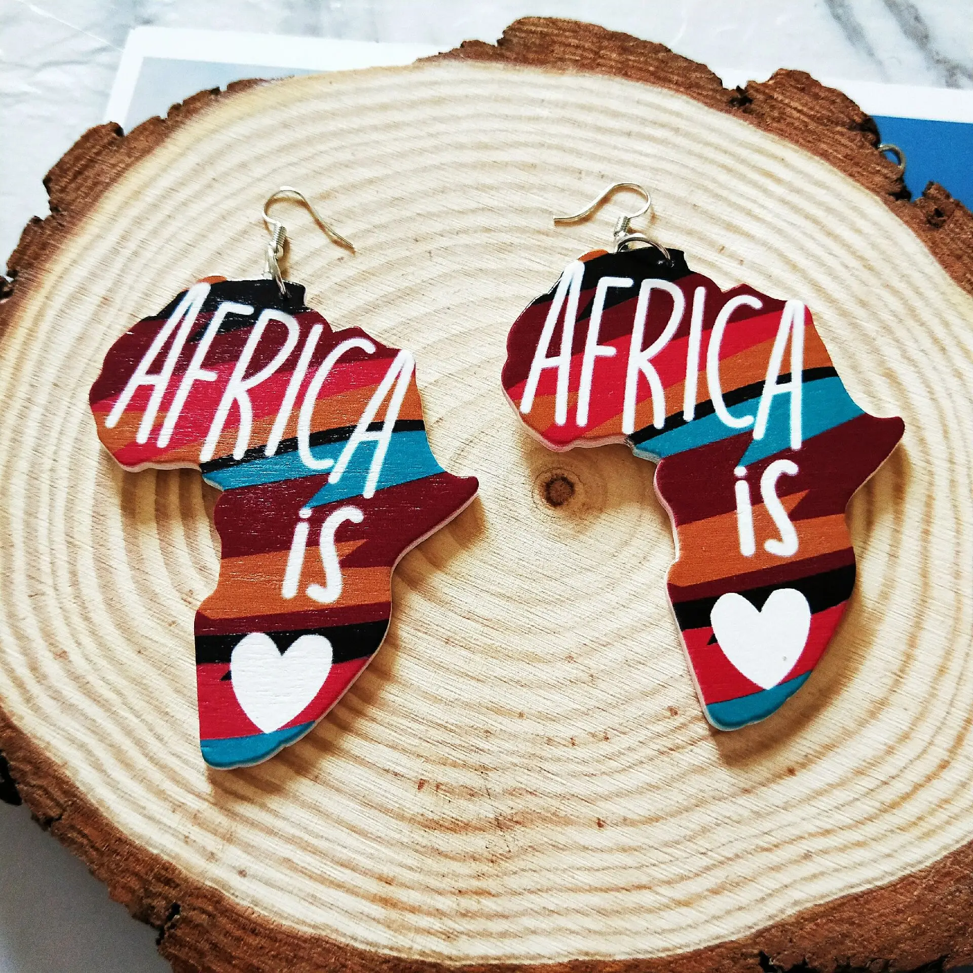 Tribal Wood Africa Map Diy Colorful Painting Afro Vintage Earrings Round Wooden Boho African Bohemia Ear Jewelry Party Accessory