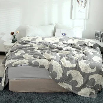 

2020 100% Cotton Muslin Summer Blanket Bed Sofa Travel Breathable Chic Ginkgo Leaf Thread Large Soft Throw Blanket
