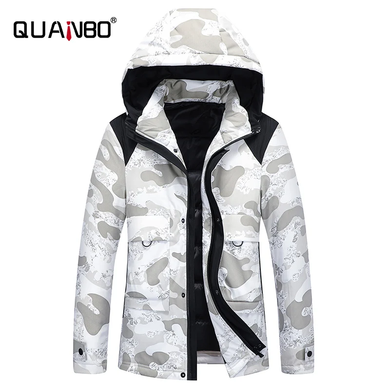 

QUANBO 2020 New Winter Men's Down Jackets Fashion Camouflage Hooded Winter Coat Top Quality White Duck Down Mens Parkas