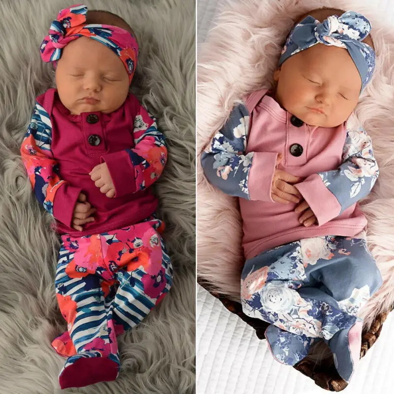 Newborn Infant Baby Girl Floral Tops T-Shirt Long Pants 3PCS Clothes Outfits