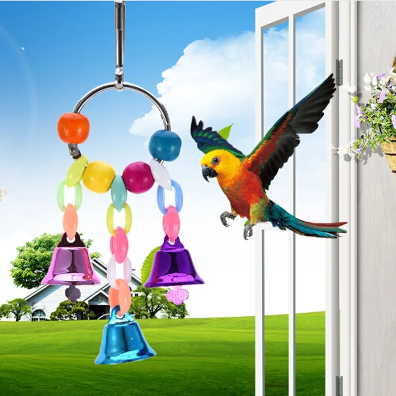 Parrot Toys With Colorful Beads Bell Chain Pet Bird Chew Bite Toy Cage Accessories Suspension Hanging Bridge Chain|Игрушки для птиц| |