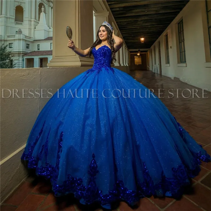 Royal Blue Princess Quinceanera Dresses Sequins Lace Beaded Sweetheart Lace-up Corset Birthday Party Dresses Sweet 16 Dress