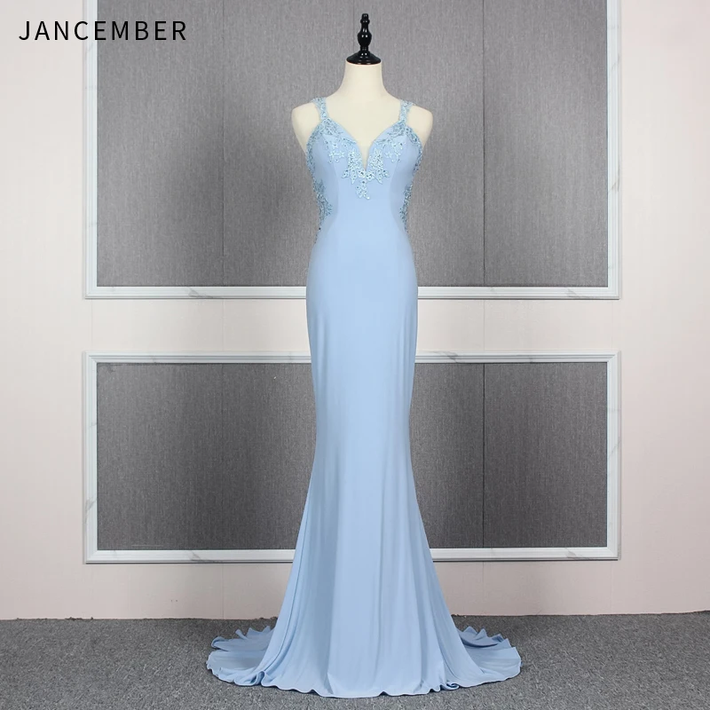 

JANCEMBER spaghetti strap prom dresses 2019 sweetheart neck sleeve crystal simple mermaid prom dresses long vestido longo festa
