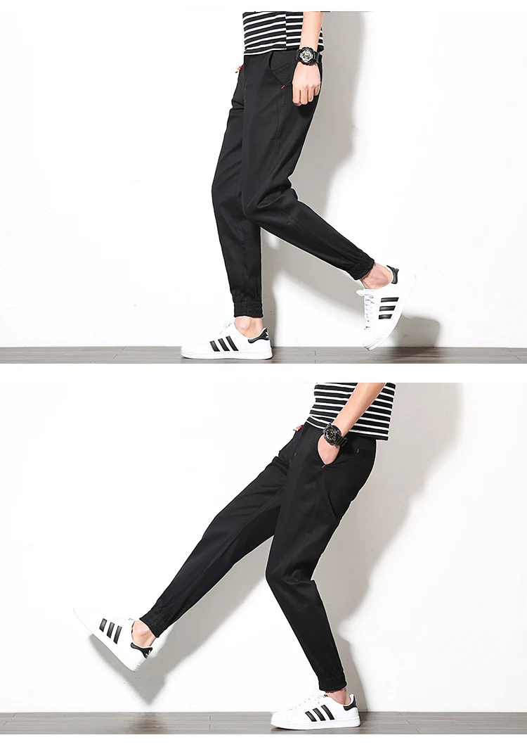 Осень стиль Для Мужчин's луч ноги капри Для Мужчин's корейско-Стиль Slim Fit со шнурком Висячие бусины Повседневное Брюки Тонкие штаны-шаровары сковорода