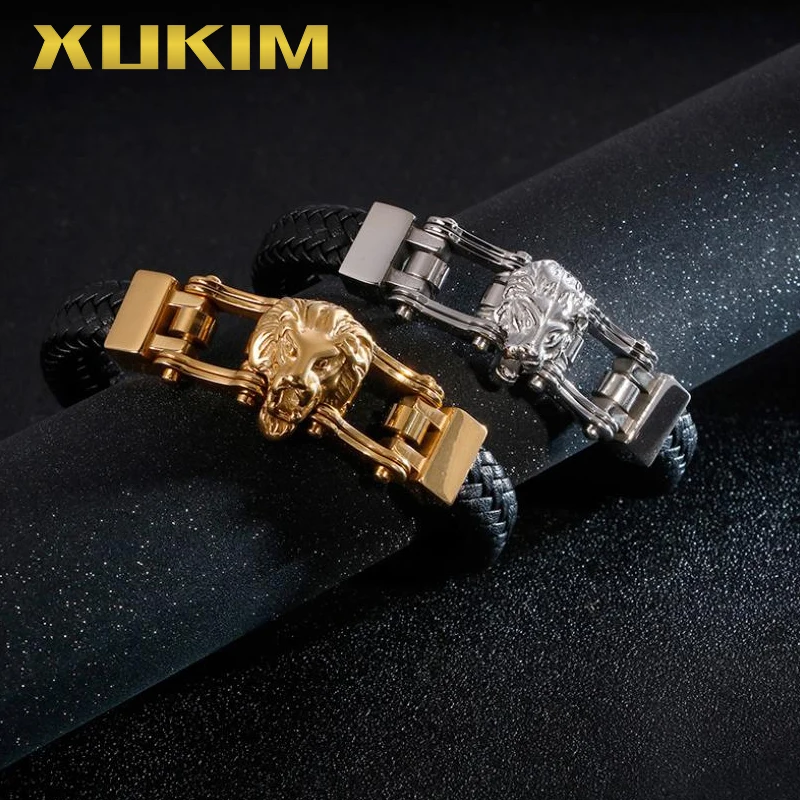 XB401 3 Xukim ювелирные изделия черный кожаный браслет Лев животное волк