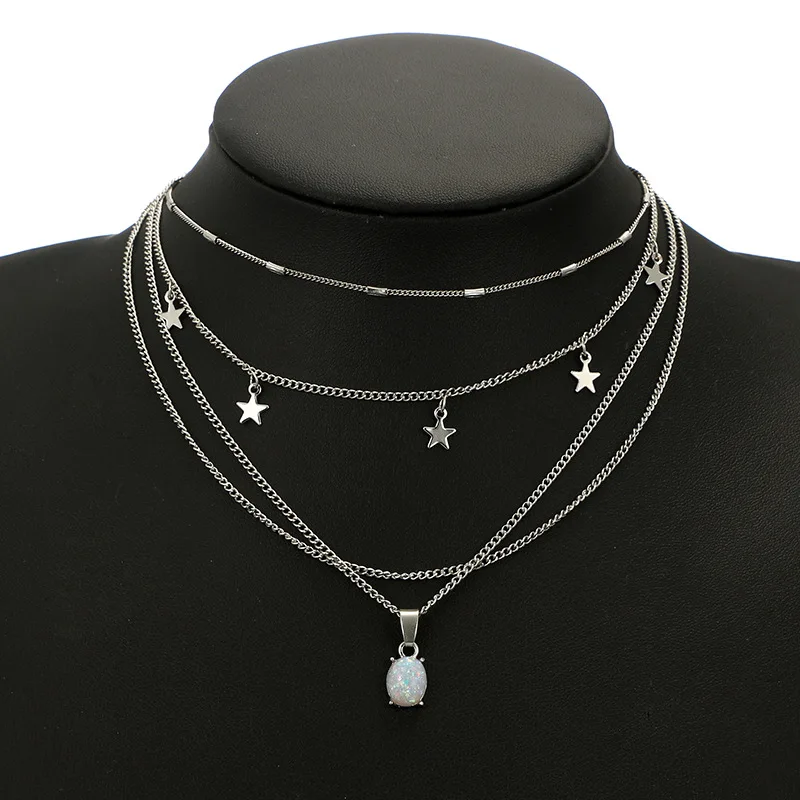 

Women Stylish Bohemian Five-pointed Star Pendant Multi-layer Necklace Colored Stone And Silver Choker Party Jewelry