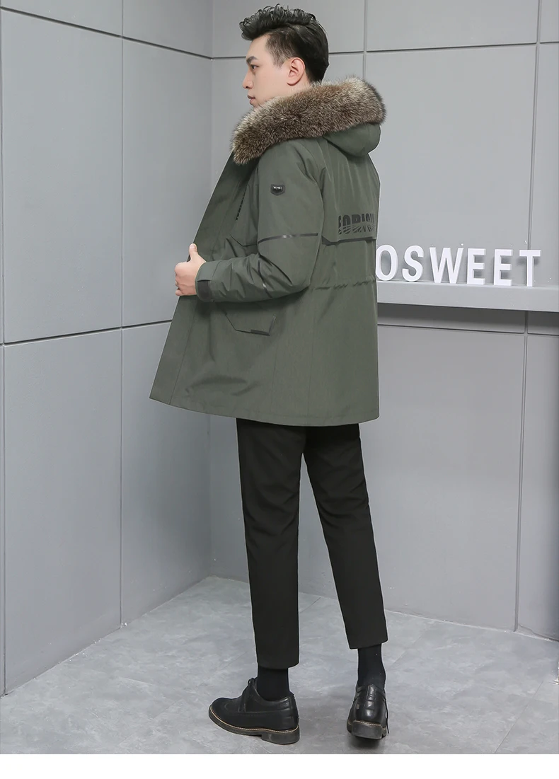 Меховые парки Smart casual, воротник из натурального меха енота, Толстая теплая подкладка из кроличьего меха, пуховое пальто с рукавами, Мужская зимняя армейская зеленая верхняя одежда