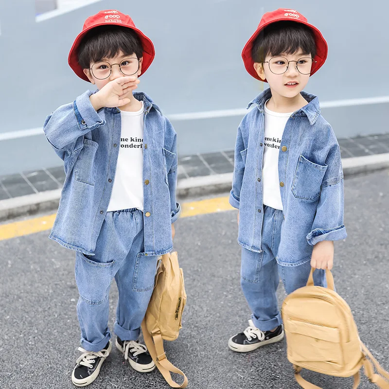 

Children Solid Color Jeans Coat 2019 Autumn New Style Korean-style Men's Small CHILDREN'S Boy Loose-Fit Casual Long Sleeve Two-P