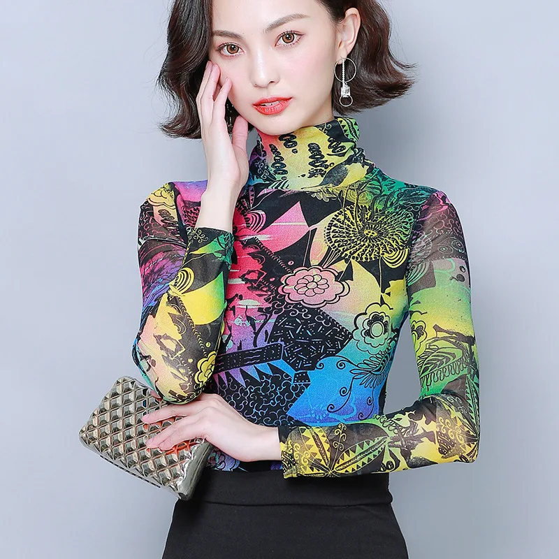 

2019 Autumn And Winter New Style Printed Base Shirt WOMEN'S Long-sleeve Shirt plus Velvet Warm HEATTECH Slim Fit Gauze Turtlenec