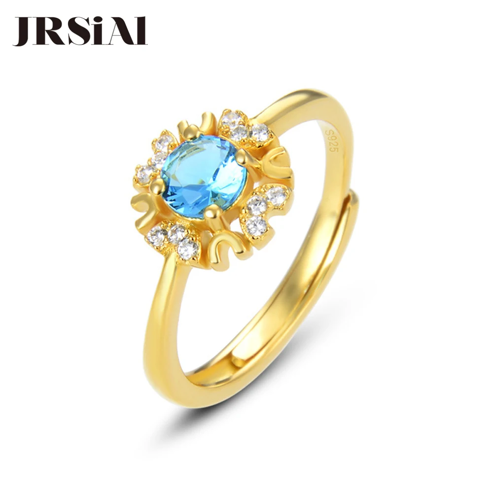 

JRSIAL 925 Sterling Silver Jewelry Ring Crystal Gold Plated Wild Resizable Ring Woman Korean Fashion Jewelry