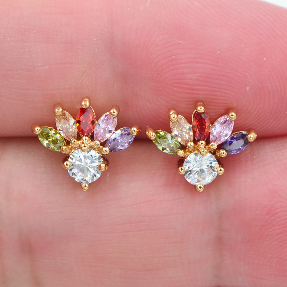 Fashion Jewelry Gold Color Rainbow Zircon Lovely Colorful CZ Fairy Tail Stud Earrings for Women | Украшения и аксессуары