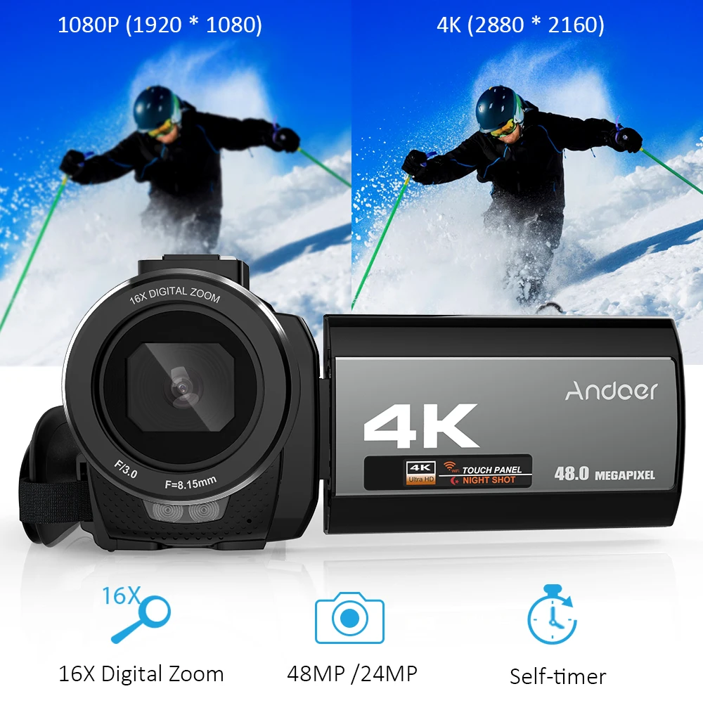 Andoer 4K Digital Video Camera Camcorder Ultra HD 48MP WiFi 3.0" Touch Screen IR Infrared Night-shot 16X Zoom Video Camera