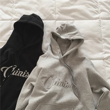 

Muzi 2020 Spring / Grey / Black Bf Letter Lian Hat Sweater Female ! Wan Build Three-dimensional Embroidery Plus Velvet Cap Shirt