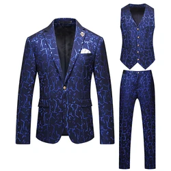 Suit Male Men's Suits Four Seasons New Men's Suit Jacquard Three-Piece Set Men's Wedding Dress + One Button Three Colors M-4XL