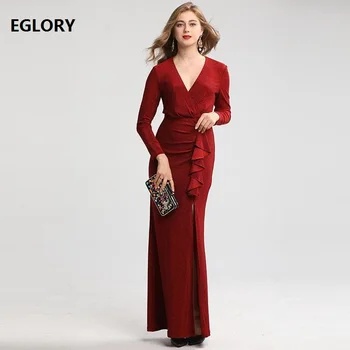 

Floor-Length Dress 2019 Autumn Winter Evening Party Vestidos Women Sexy Deep V-Neck Ruffles Patchwork Long Sleeve Mermaid Dress
