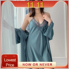 Женские пижамные костюмы, сексуальное нижнее белье с v-образным вырезом, халат, женское белье, ночная сорочка на бретельках, сексуальный кружевной дизайн, batas de seda de mujer