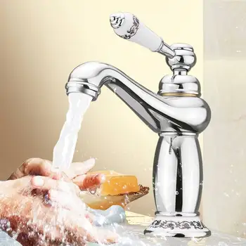

Upscale Retro European Ceramic Handle Basin Faucets Mixer Tap Bathroom Ceramic Plating Single Handle Hot and Cold Deck Mount