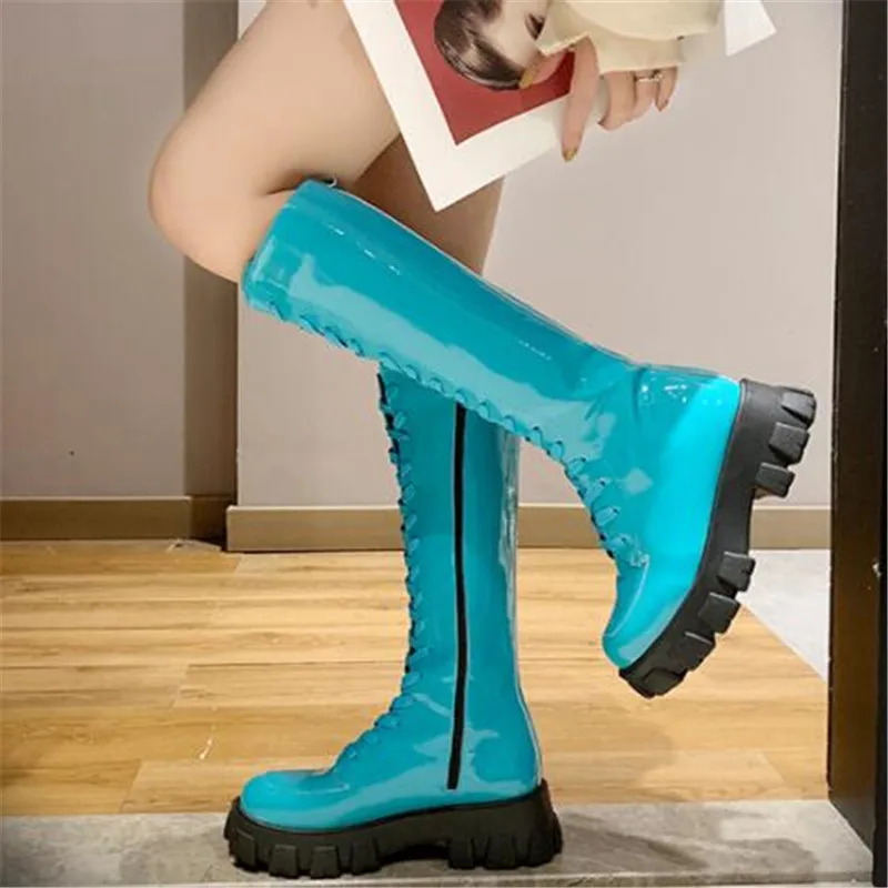 

Spring Autumn Candy Color Sneakers Women Knee-High Boots Fashion Cross-tied Woman Long Boots Rubber Sole Female High Boot Shoes