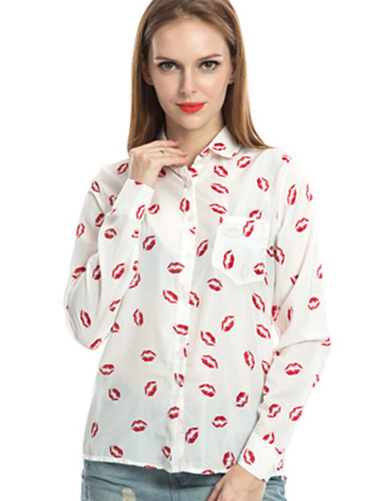 Camisa informal de moda para mujer, camisa de gasa con solapa y manga larga con estampado de labios, a cuadros, nueva de 2020