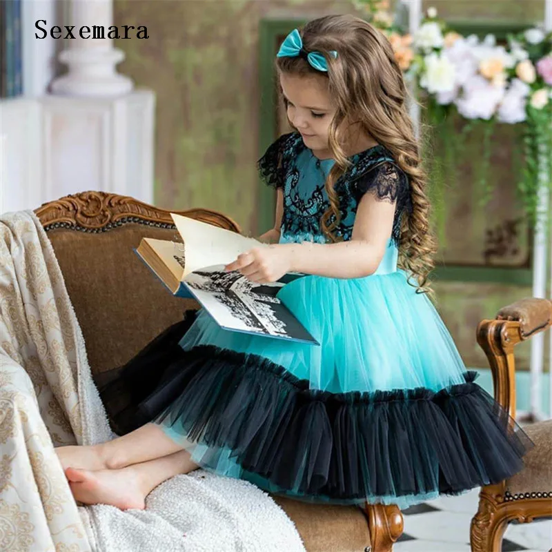 

Custom Princess Birthday Party Dress Black Lace Tulle Knee Length Flower Girl Dress Kids Clothes Size 1-14Years