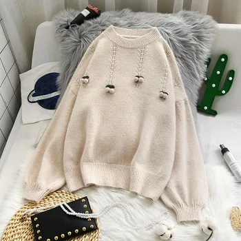 

solid knitted women sweater and pullovers 2020 winter new o-neck lantern sleeved loose thicken warm female pulls outwear tops