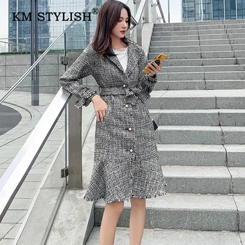 

New Women Coat Plaid Tweed Slim Fit Trench Elegant Medium Length Lapel Sashes Outerwear Female Mermaid Single Breasted Coats