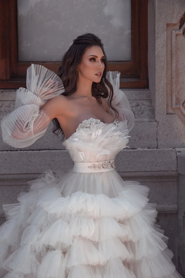Модное пышное с оборками свадебные платья Tutu 3D Цветочные перьевые Бальные платья красивые 2010 свадебные платья съемные Длинные рукава