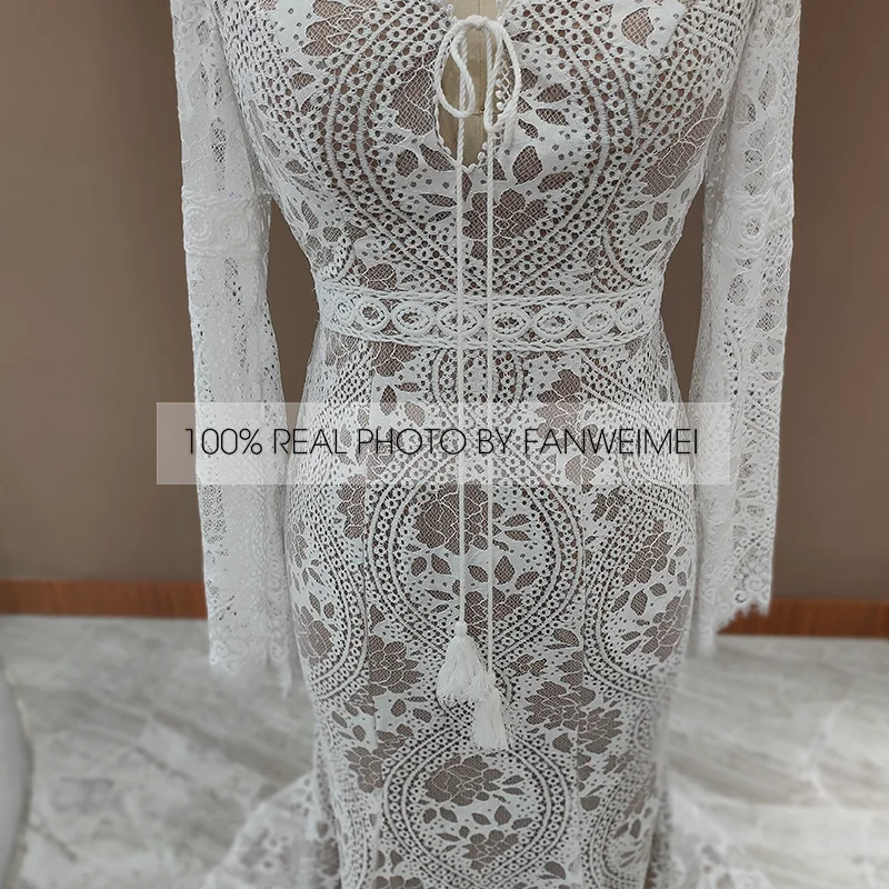 803#2021 New Design Long Lantern Sleeve Empire V-Neck Backless Small Train Beauty Backless Lace Boho Beach Wedding Dresses Women modest wedding dresses