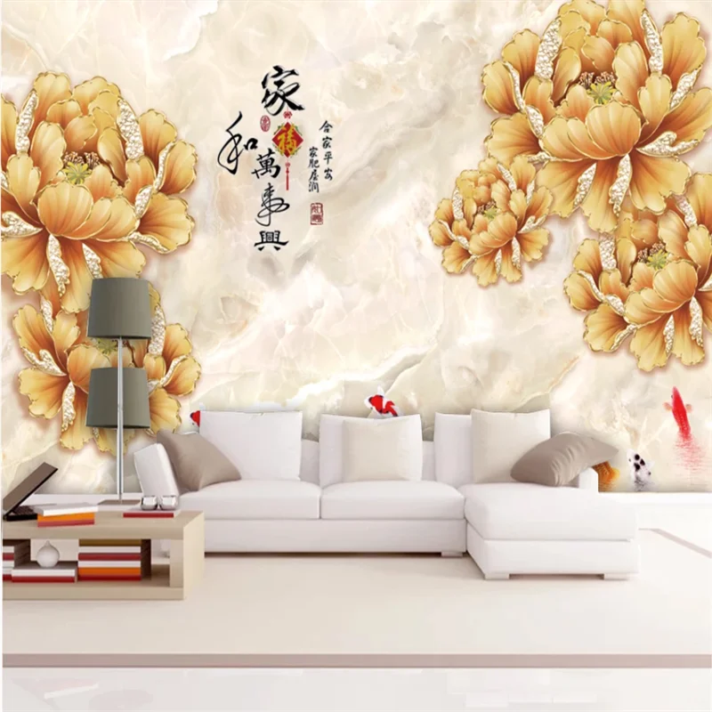 

Customized wallpaper three-dimensional golden peony goldfish 3D TV background wall 8D waterproof wall covering