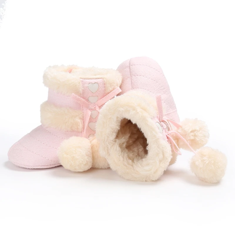 Зимние сапоги для девочек, обувь для новорожденных, пинетки для малышей с помпонами, теплые ботинки, плюшевая мягкая подошва, зимняя обувь для малышей, нескользящая