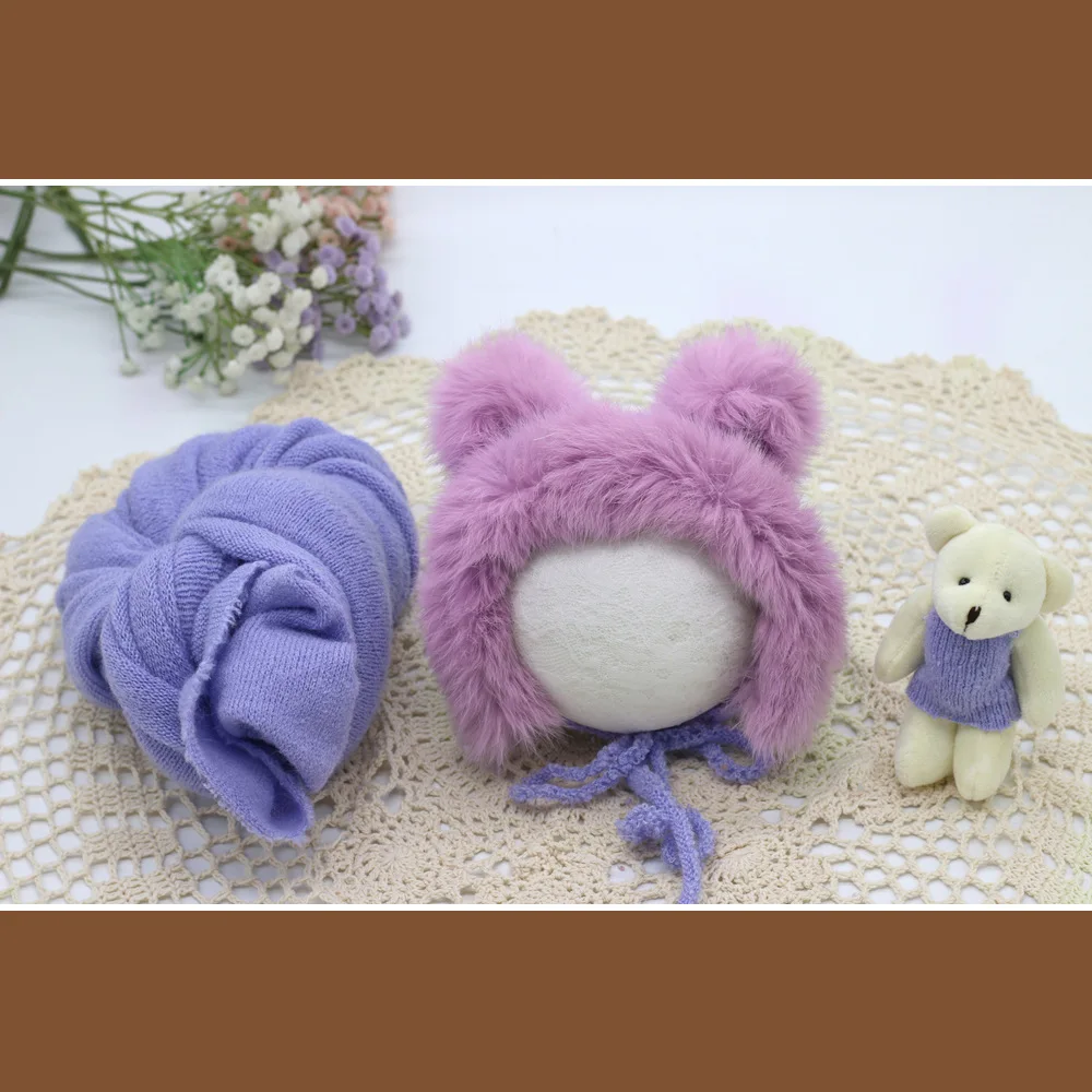 3pcs/set Newborn Photography Props Blanket Hat Baby Photography Wrap Props Bear Doll Baby Photo Shoot Accessories