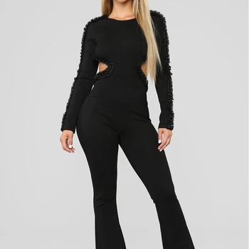 

Black Backless Sexy Autumn Jumpsuits Women Full Sleeve Cannon Beads Plus Size Overalls Hollow Out Casual Club One Piece Outfits