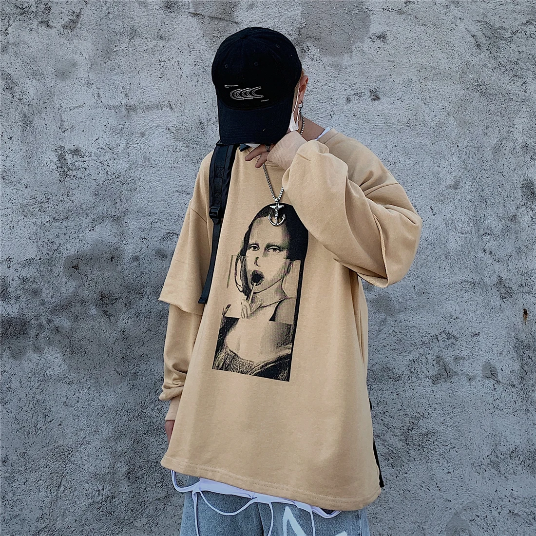 Autumn Patchwork Two Piece Style Character Print Loose Sweatshirt Pullover Hoodies Women Man Harajuku Streetwear Punk Top Korean
