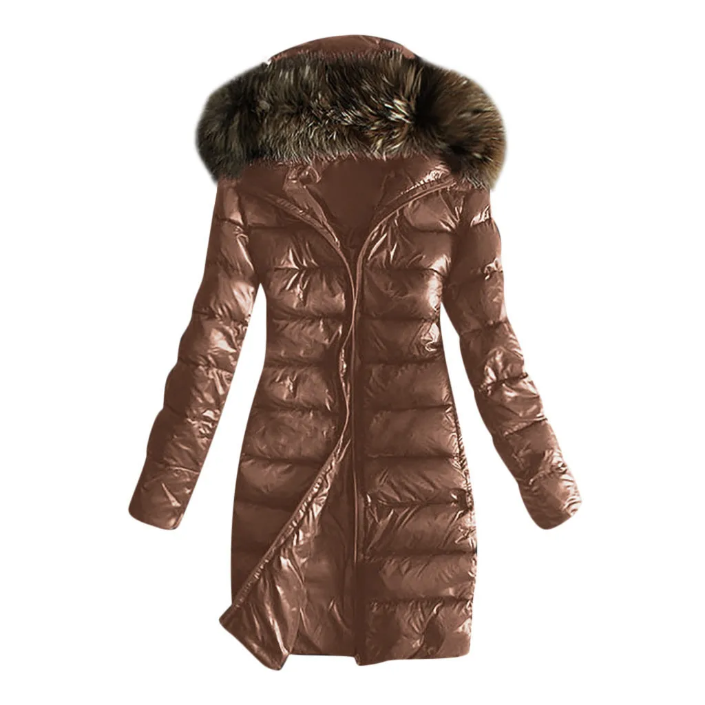 Женская куртка с капюшоном размера плюс, стеганая зимняя теплая куртка с меховым воротником, куртка с капюшоном, верхняя одежда с поясом - Цвет: Brown