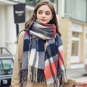

100% Wool Scarf for Women Thicken Warm Cashmere Shawls and Wraps Blue Plaid Echarpe Pashmina Winter Wool Scarves Foulard Femme