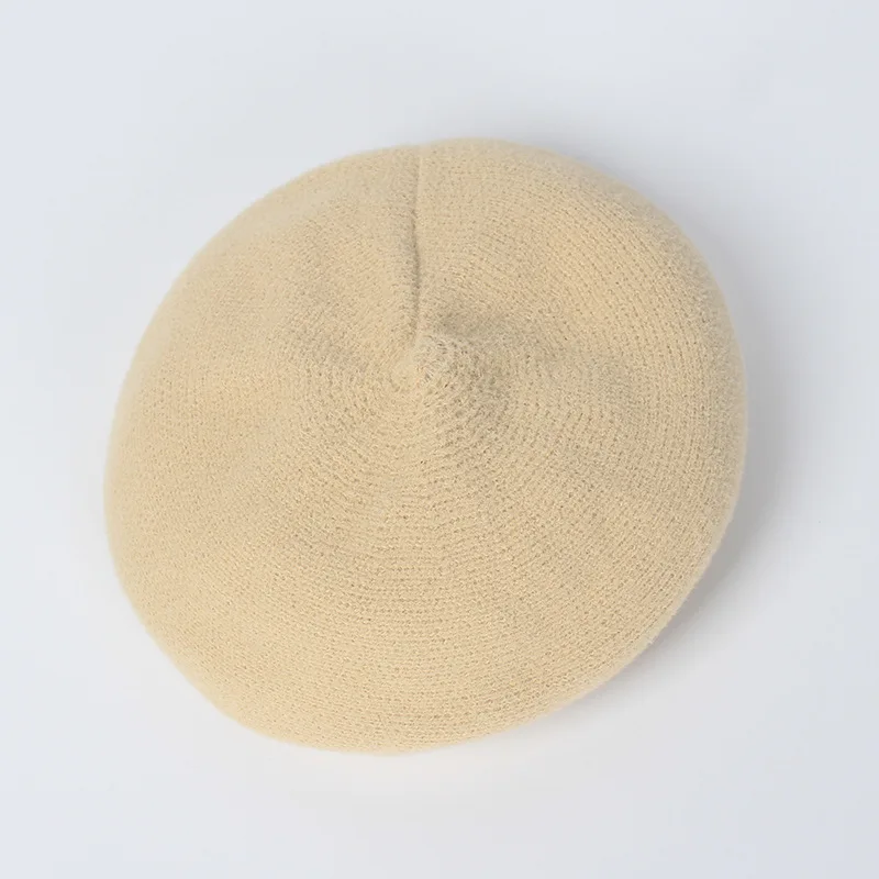 Berets Double-faced Woolen Goods Knit Beret Warm wool Women Autumn Winter Solid Color Versatile Painter Cap Wild - Цвет: Beige