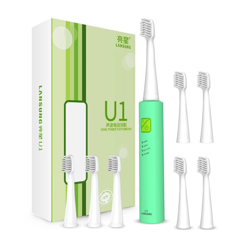 LANSUNG USB зарядка звуковая электрическая зубная щетка перезаряжаемая 4 шт головки для зубных щеток Замена автоматическая зубная щетка отбеливание U1 - Цвет: U1 ALL GREEN 8heads
