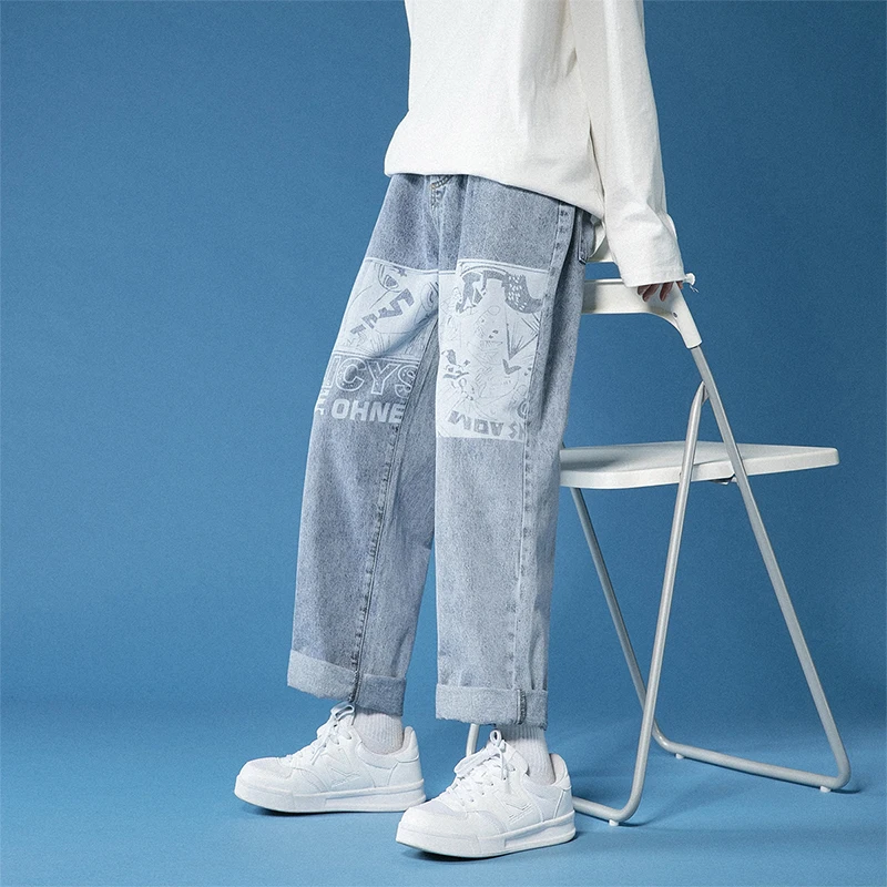 2020 new ins jeans men's trend handsome versatile straight loose wide leg pants waist pants streetwear cheap clothes china