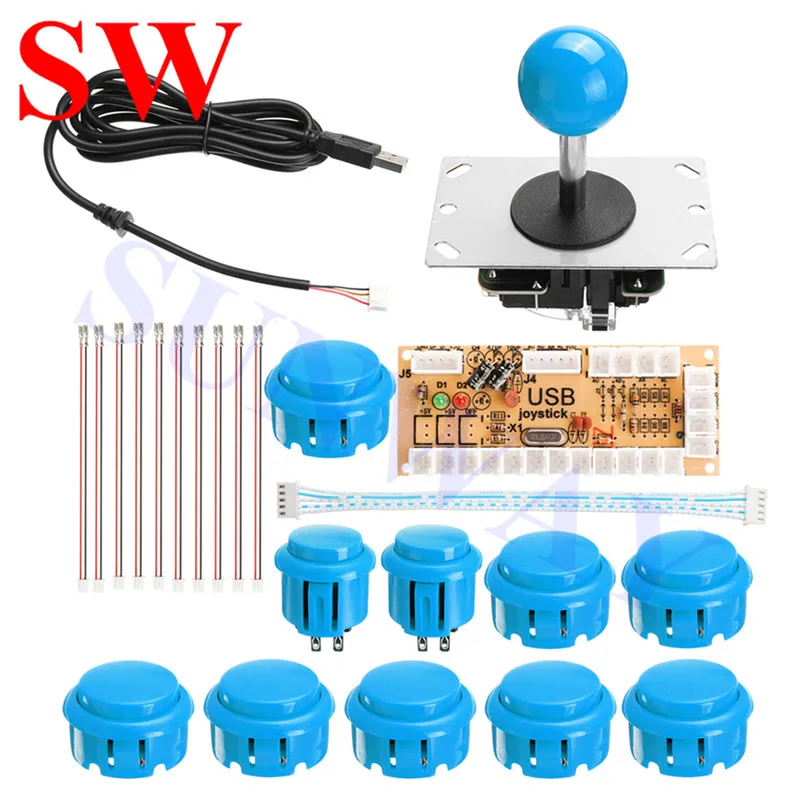 Blue with Yellow 2 player DIY Arcade Kits for PC USB Encoder + Sanwa Style Joystick with PCB Board + 30mm/24mm Arcade Buttons 