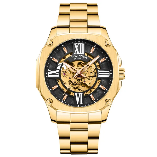 Мужские часы, Роскошные, модные, автоматические, победитель, брендовые, механические часы, мужские часы, Скелетон, часы для мужчин, Relogio Masculino, подарки - Цвет: Gold Black