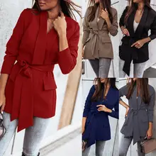 Blazer élégant pour femme de bureau, couleur unie, col rabattu, costume à revers avec ceinture, manteau pour femme, tenue quotidienne, automne hiver 