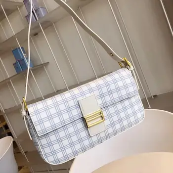 

New all-match baguette bag blue and white plaid stitching shoulder bag