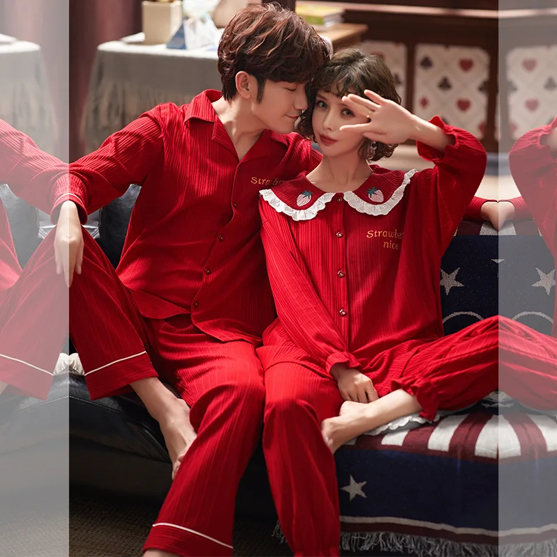 

Couples Pajamas Spring And Autumn Red Pajamas Pure Cotton Korean-style Long Sleeve Thread Men Women's Tracksuit Pajamas Suit